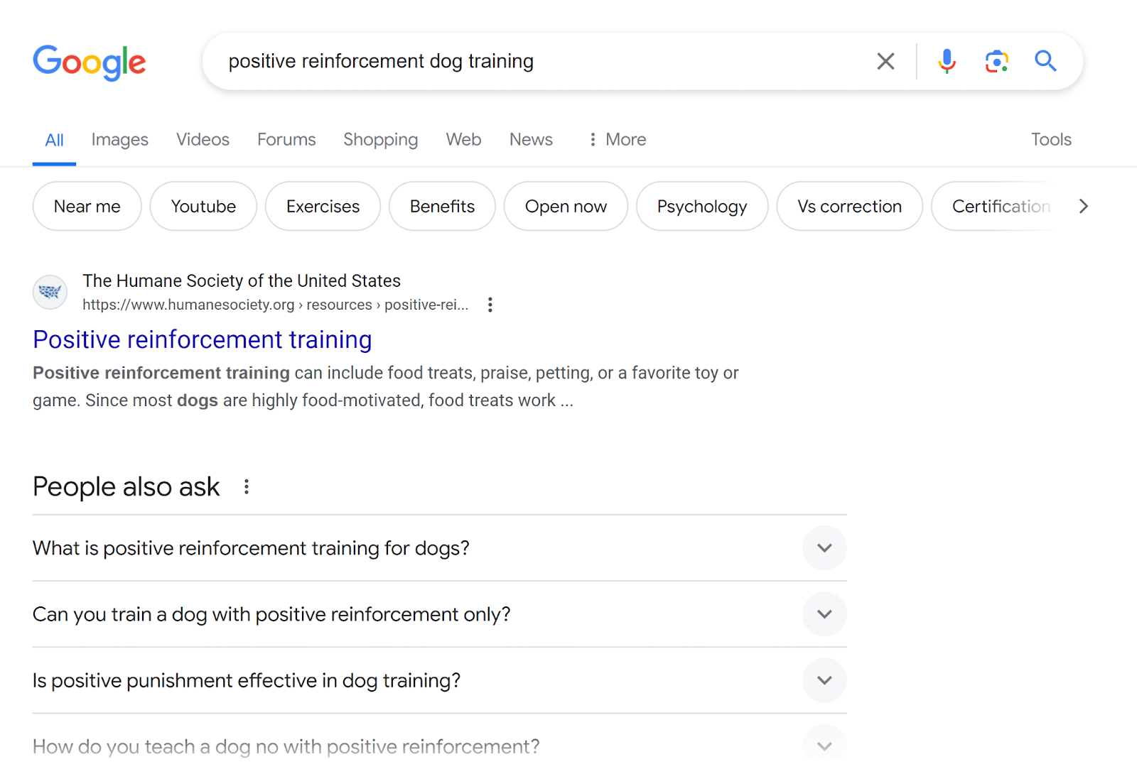 Google search results page for 'positive reinforcement dog training'