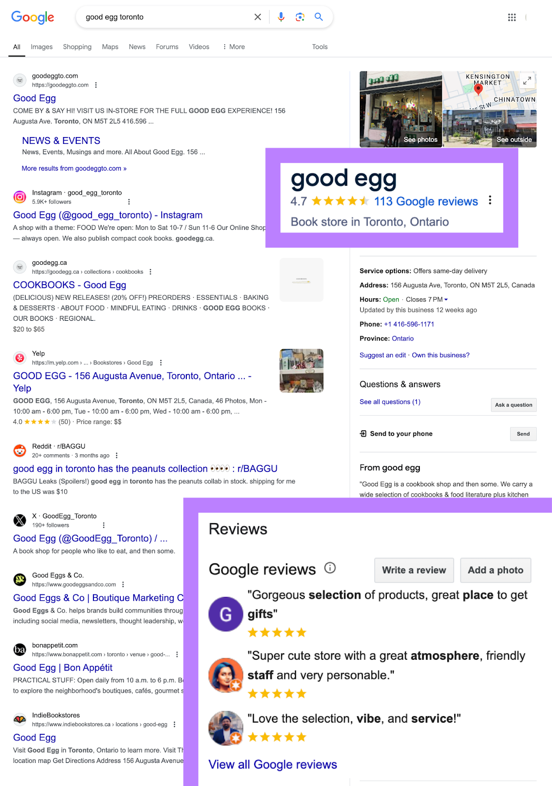 a google business profile on the SERP with star rating and number of review highlighted beneath the business name as well as the reviews sections at the bottom of the profile