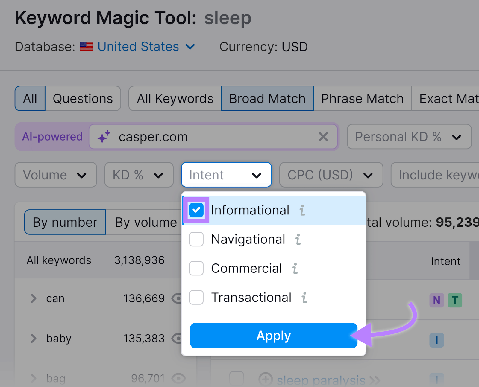 Informational search intent in Keyword Magic Tool