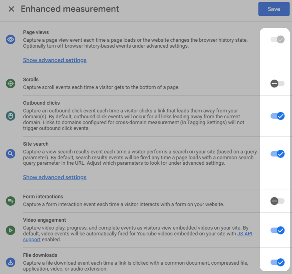 “Enhanced measurement” events table with toggle switch highlighted on the side