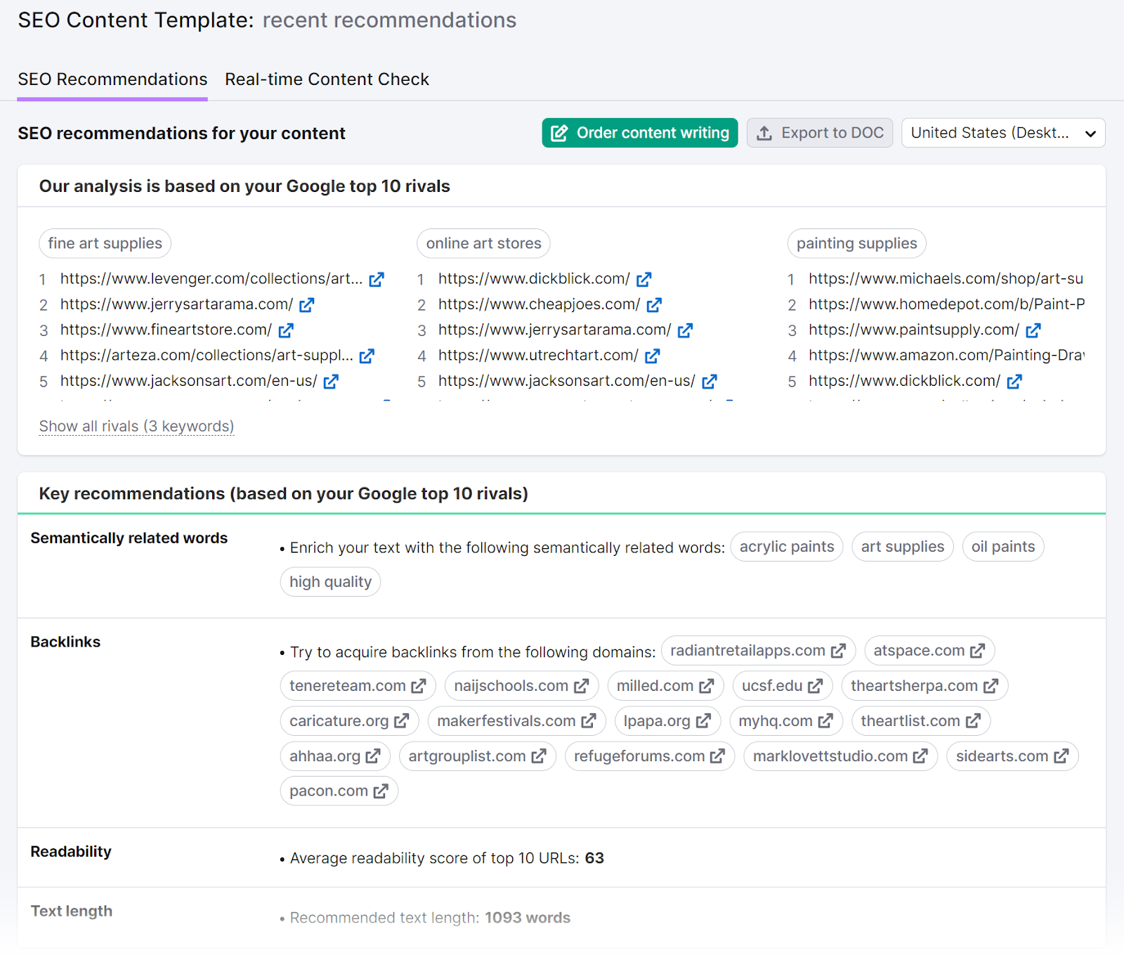 "SEO Recommendations" dashboard in SEO Content Template