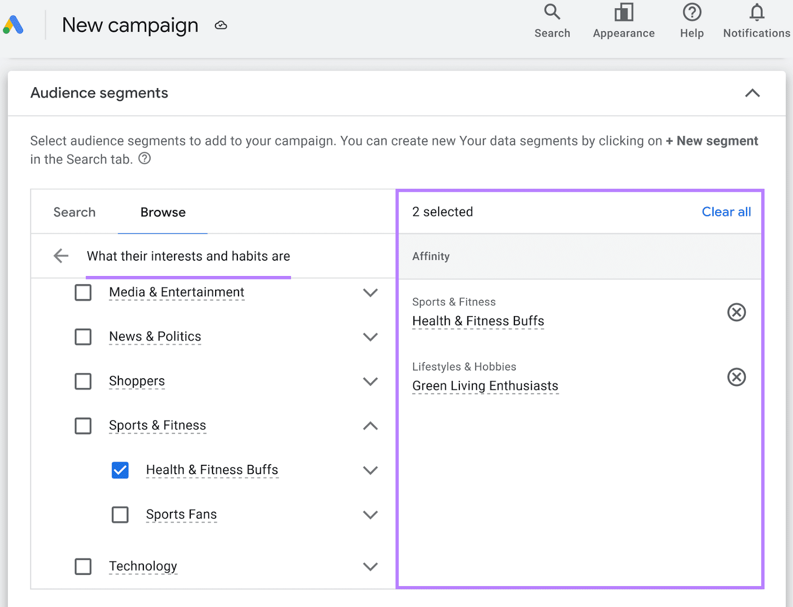 setting up “Home & Garden” affinity segment in Google Ads