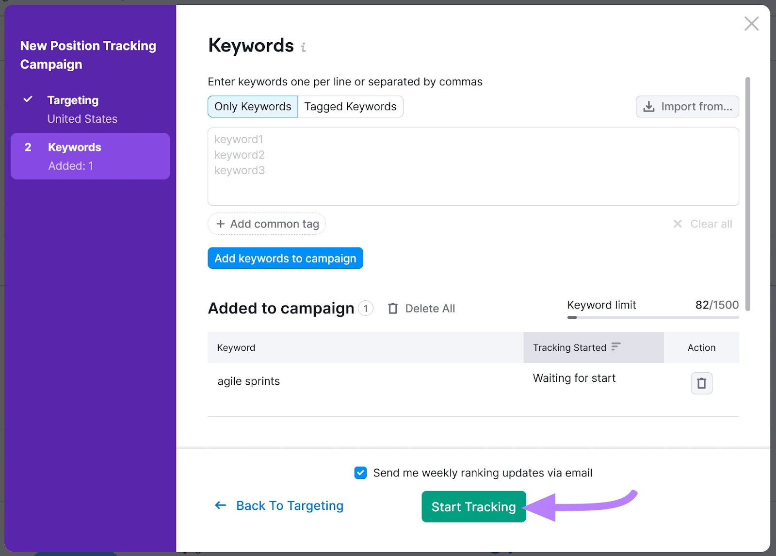 "Start Tracking" button selected at the bottom of "Keywords" screen