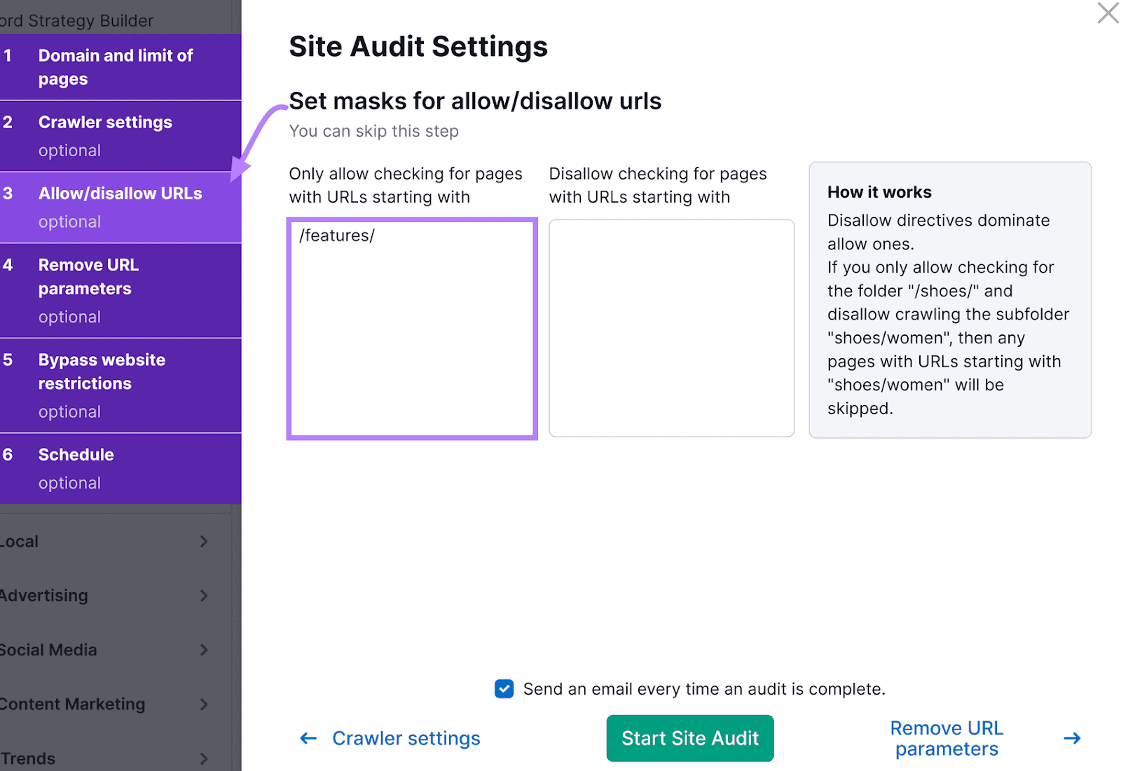 Site Audit Settings interface with options to specify URLs for allow/disallow functions.