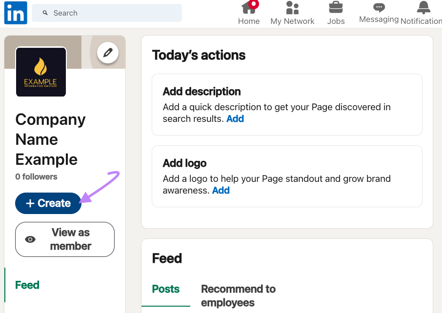 LinkedIn company page with today's actions listed and create button highlighted