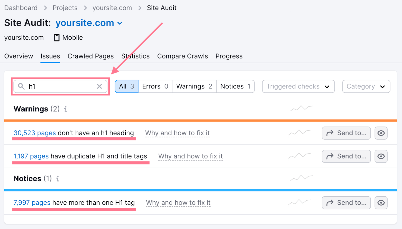 H1 tag errors highlighted in the "Issues" tab of the Site Audit tool