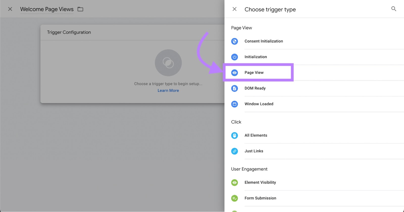 "Page View" selected under "Choose trigger type" menu