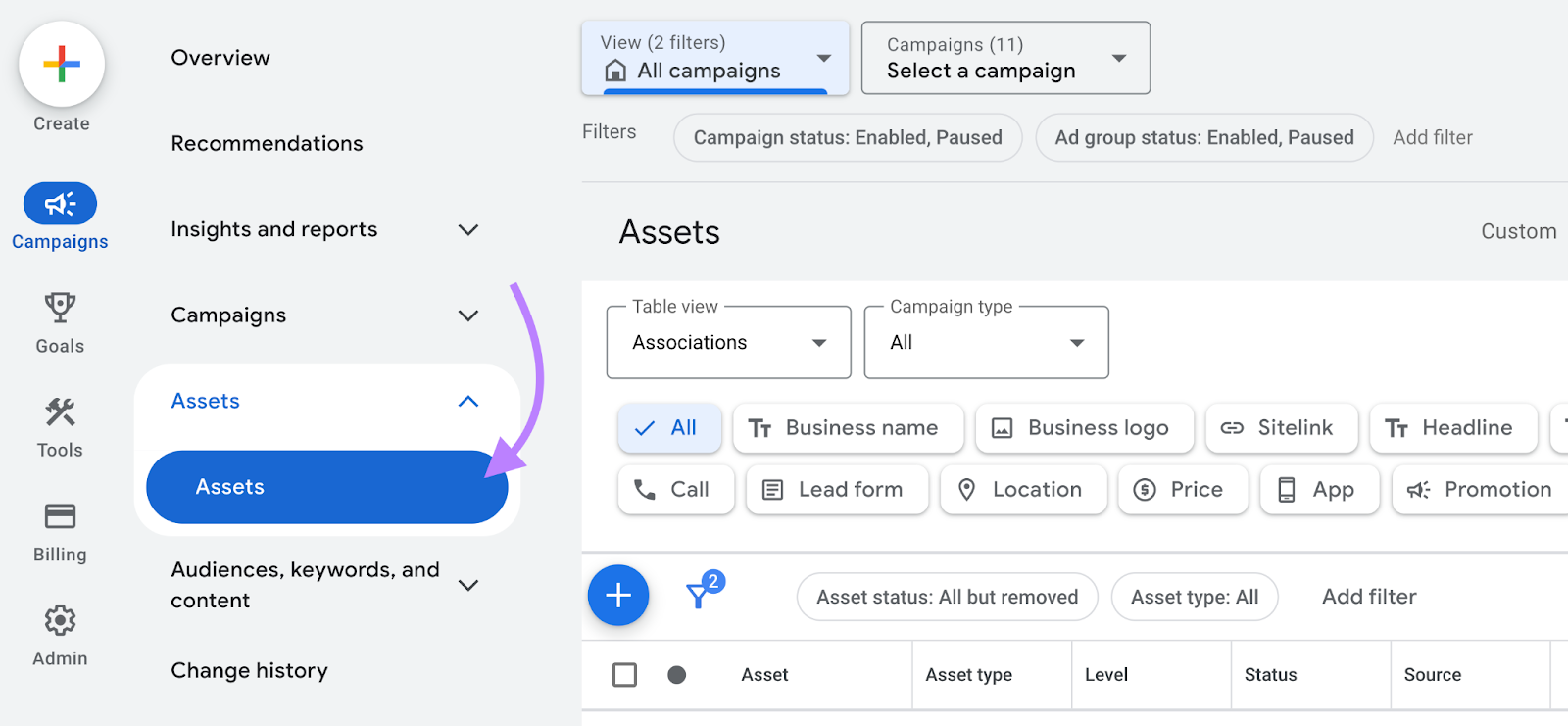 navigate to assets in google ads