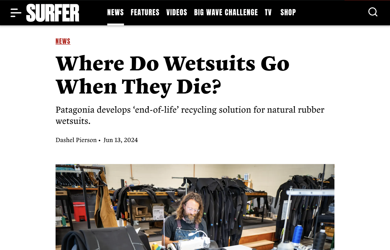 Surfer publication has news post about Patagonia's wetsuit program