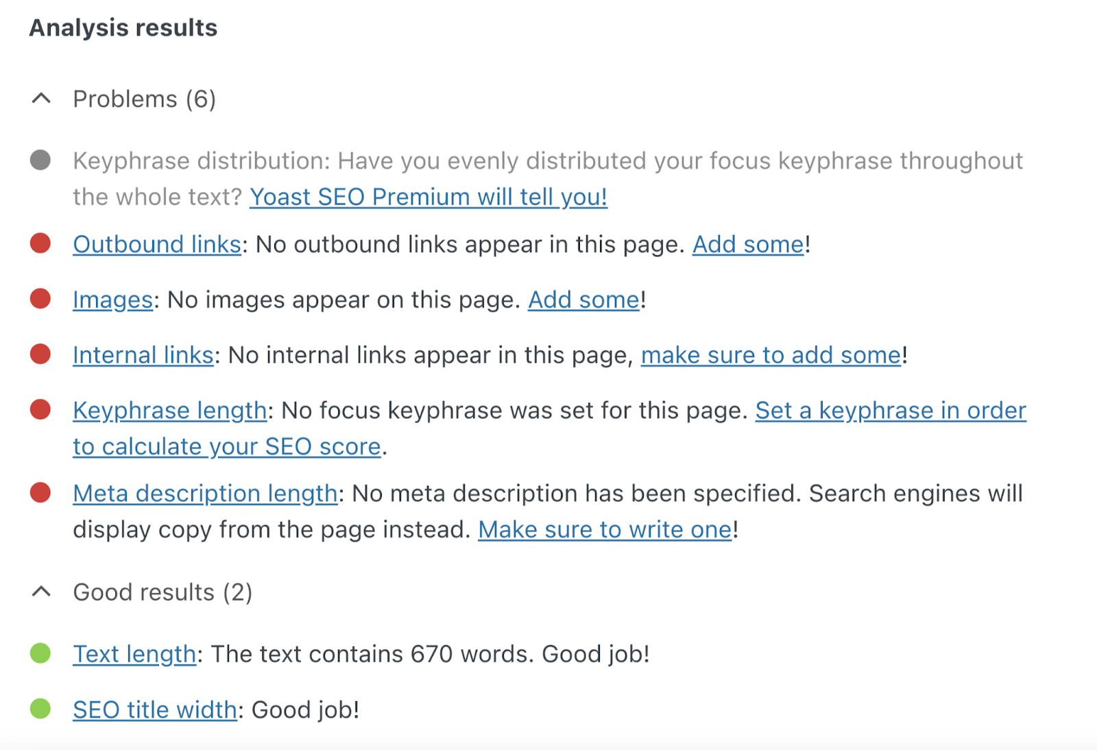 "Analysis results" page in Yoast SEO identifies SEO-related issues in your content