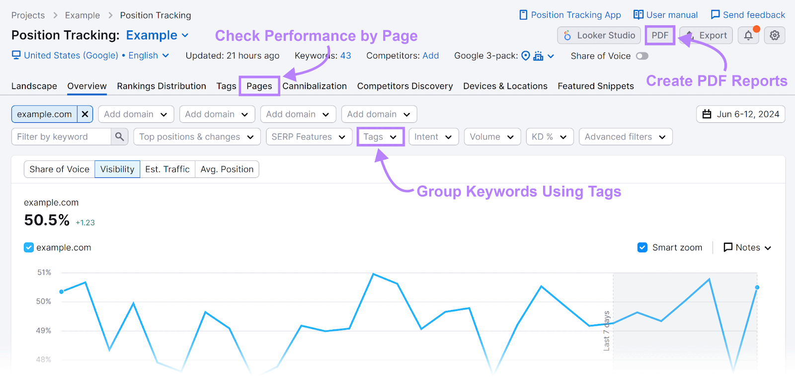 "Pages," "Tags" "PDF" buttons annotated in the Position Tracking tool