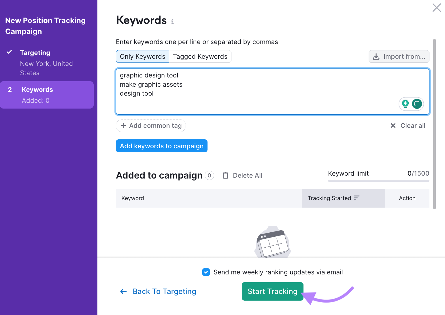 "Keywords" window in Position Tracking tool settings