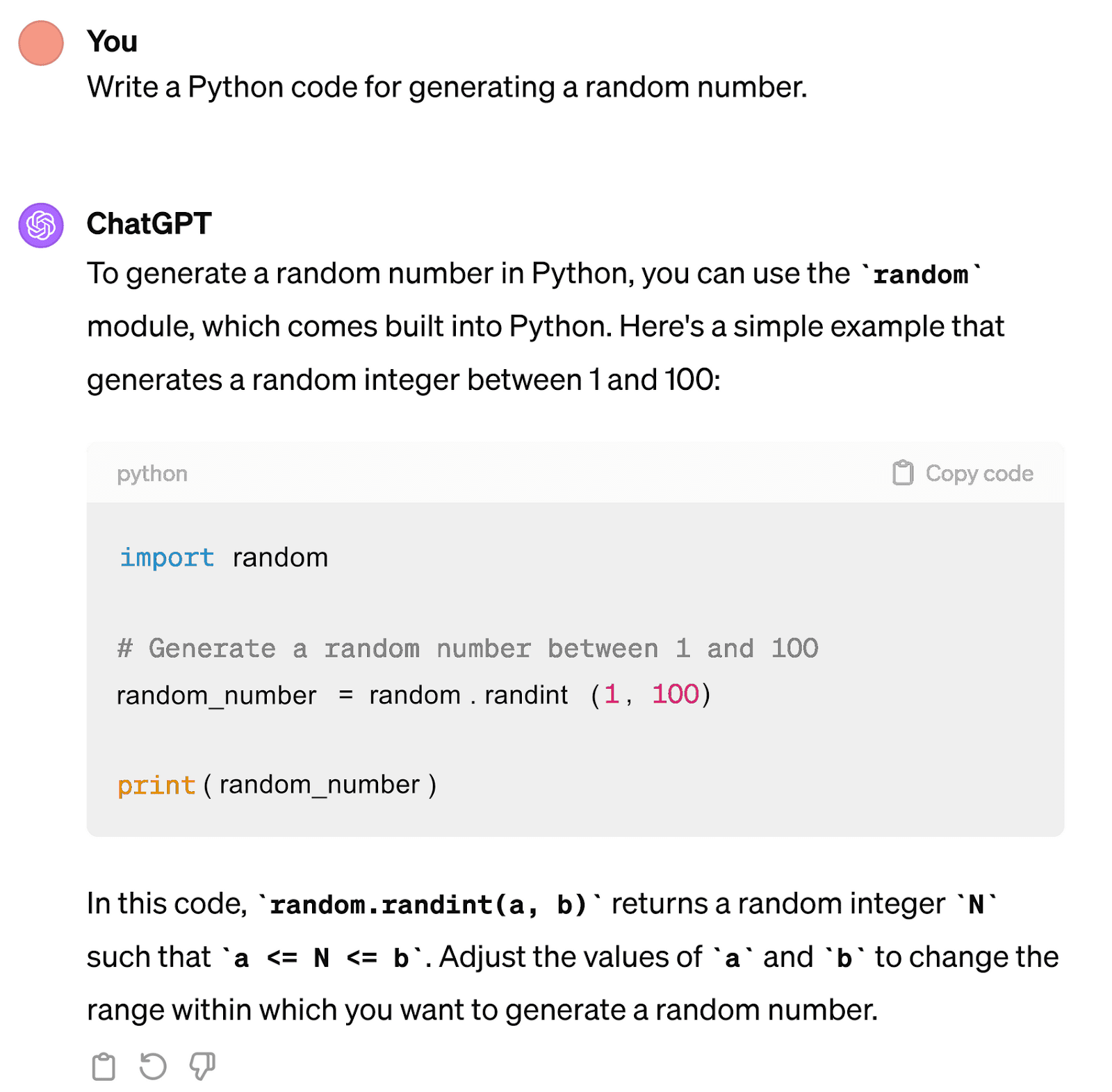 ChatGPT's response to "Write a Python code for generating random number" query