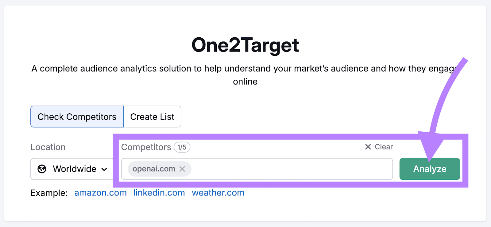 Semrush One2Target's start page with "open.ai" in the search bar