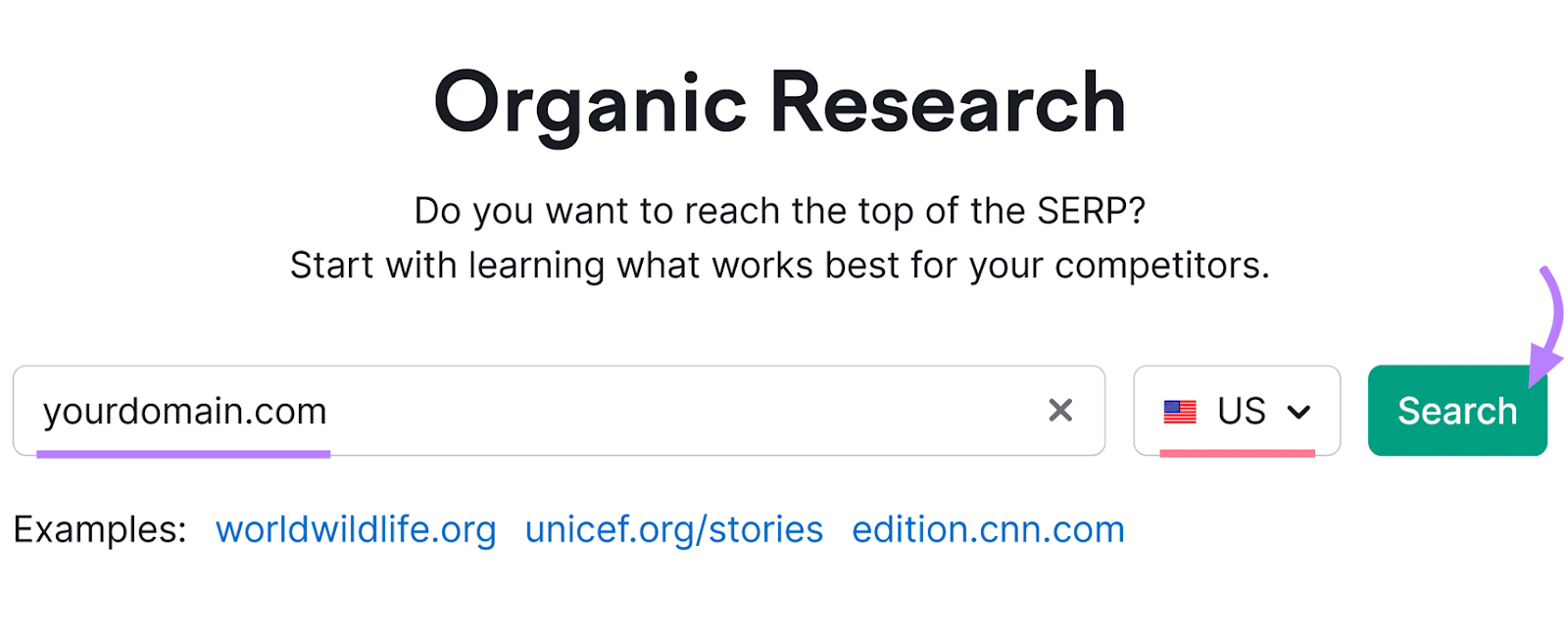 Semrush's Organic Research tool interface with a search bar where "yourdomain.com" is typed and a search button highlighted in purple.