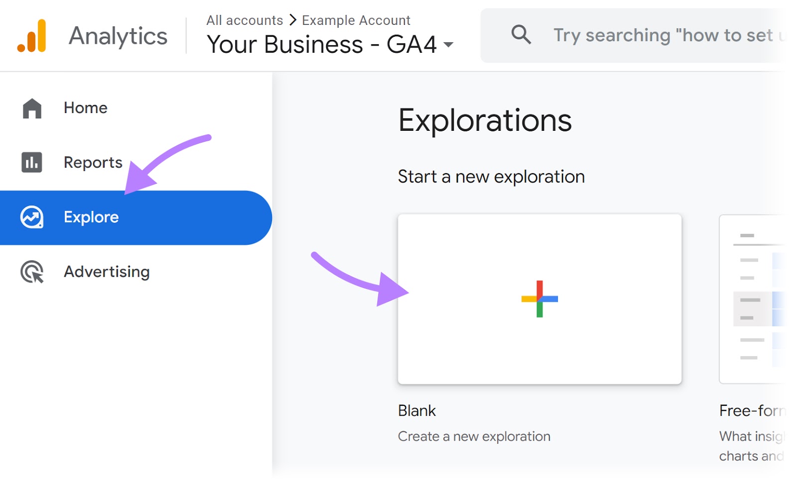 “Explore” area in the GA dashboard