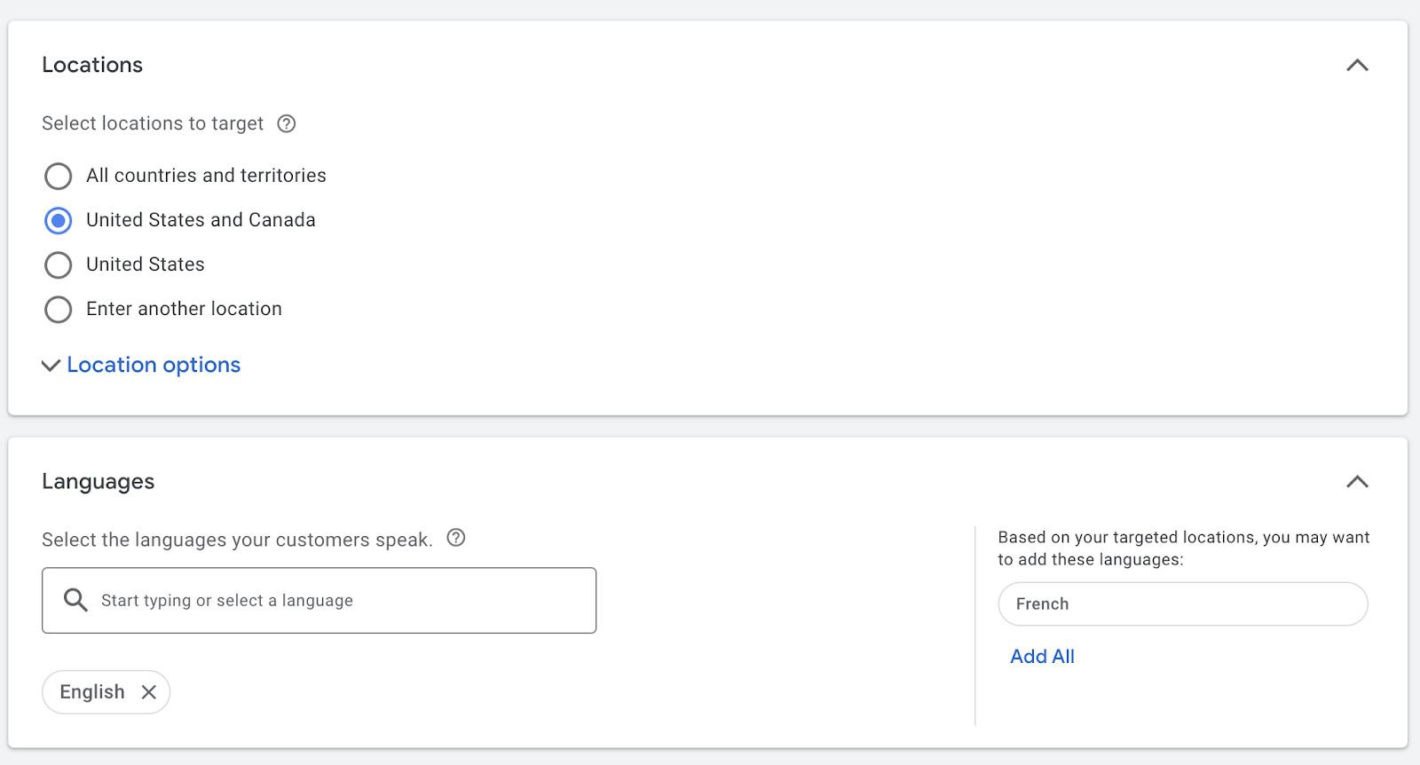 "Locations" and "Languages" section in Google Ads