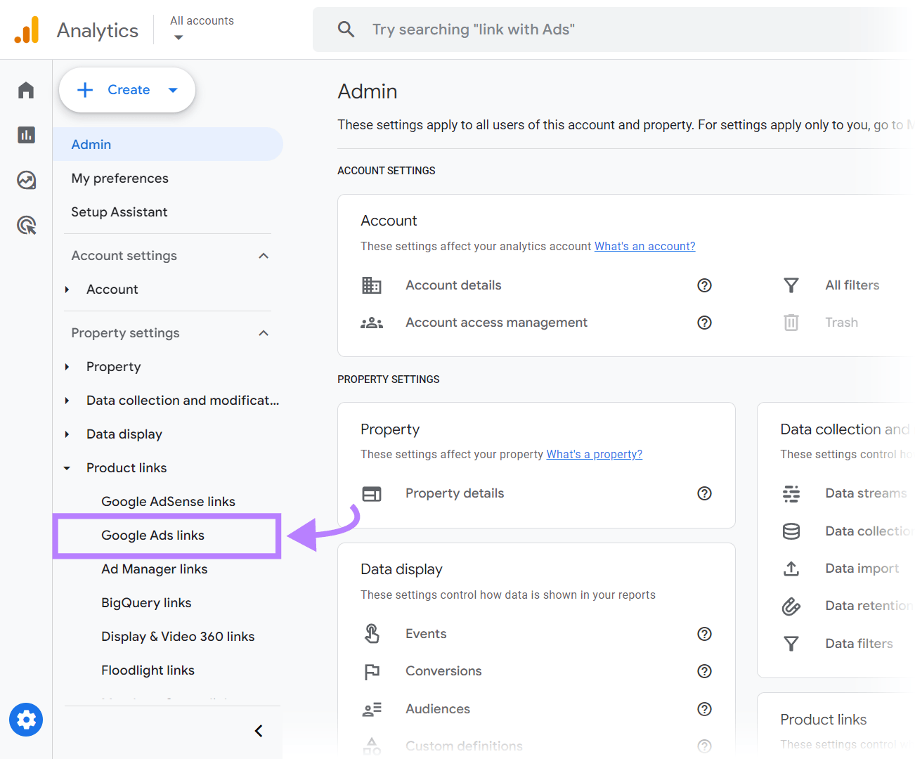 Navigation to "Google Ads links" in Google Analytics homepage sidebar