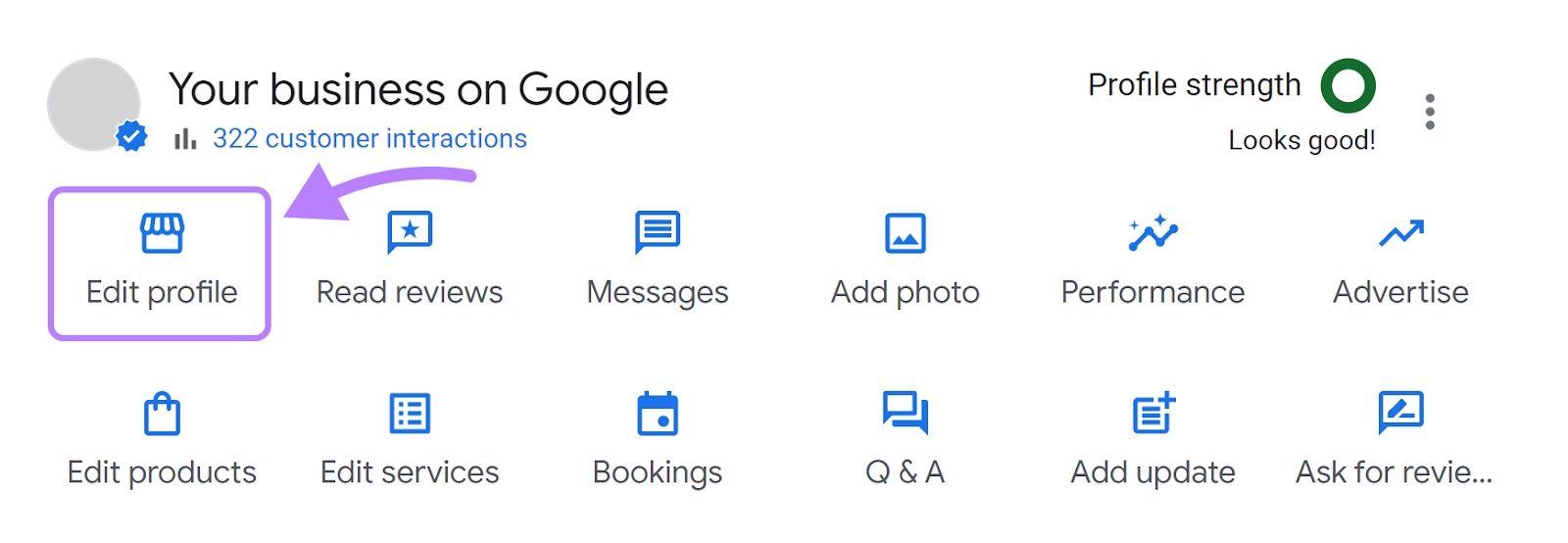 “Edit profile” button selected on Google My Business dashboard