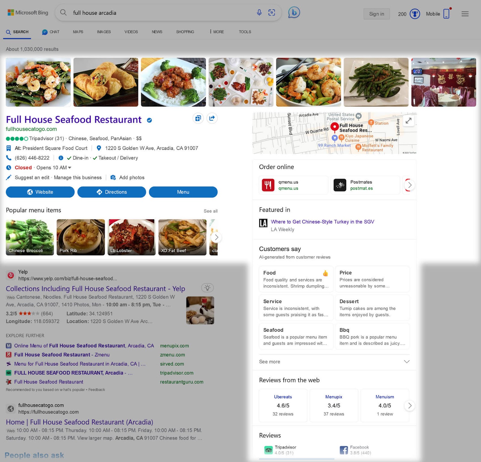 "Full House Seafood Restaurant" in Bing’s search results