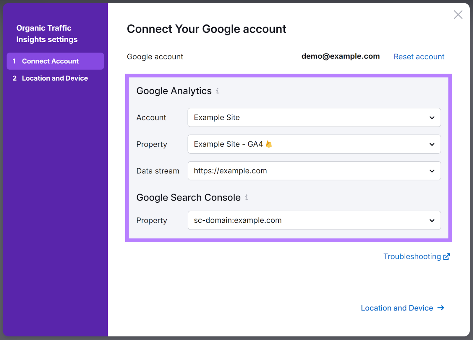 Organic Traffic Insights settings popup with Google account connected