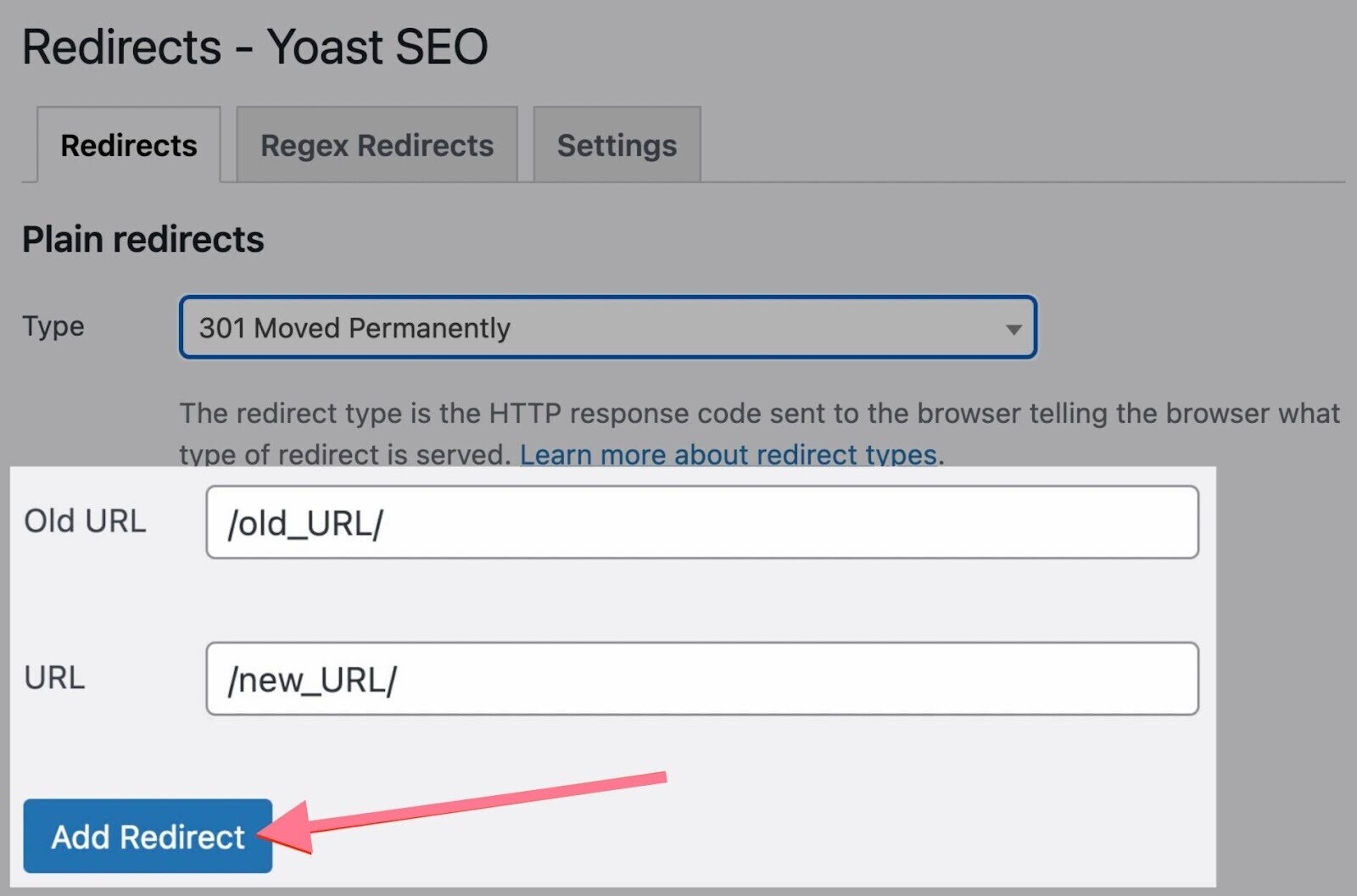 adding redirect with Yoast SEO Premium plugin