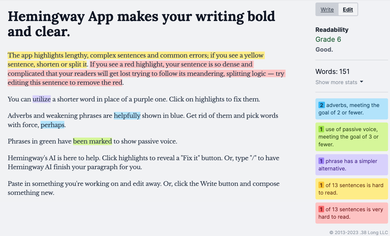 Hemingway App editor