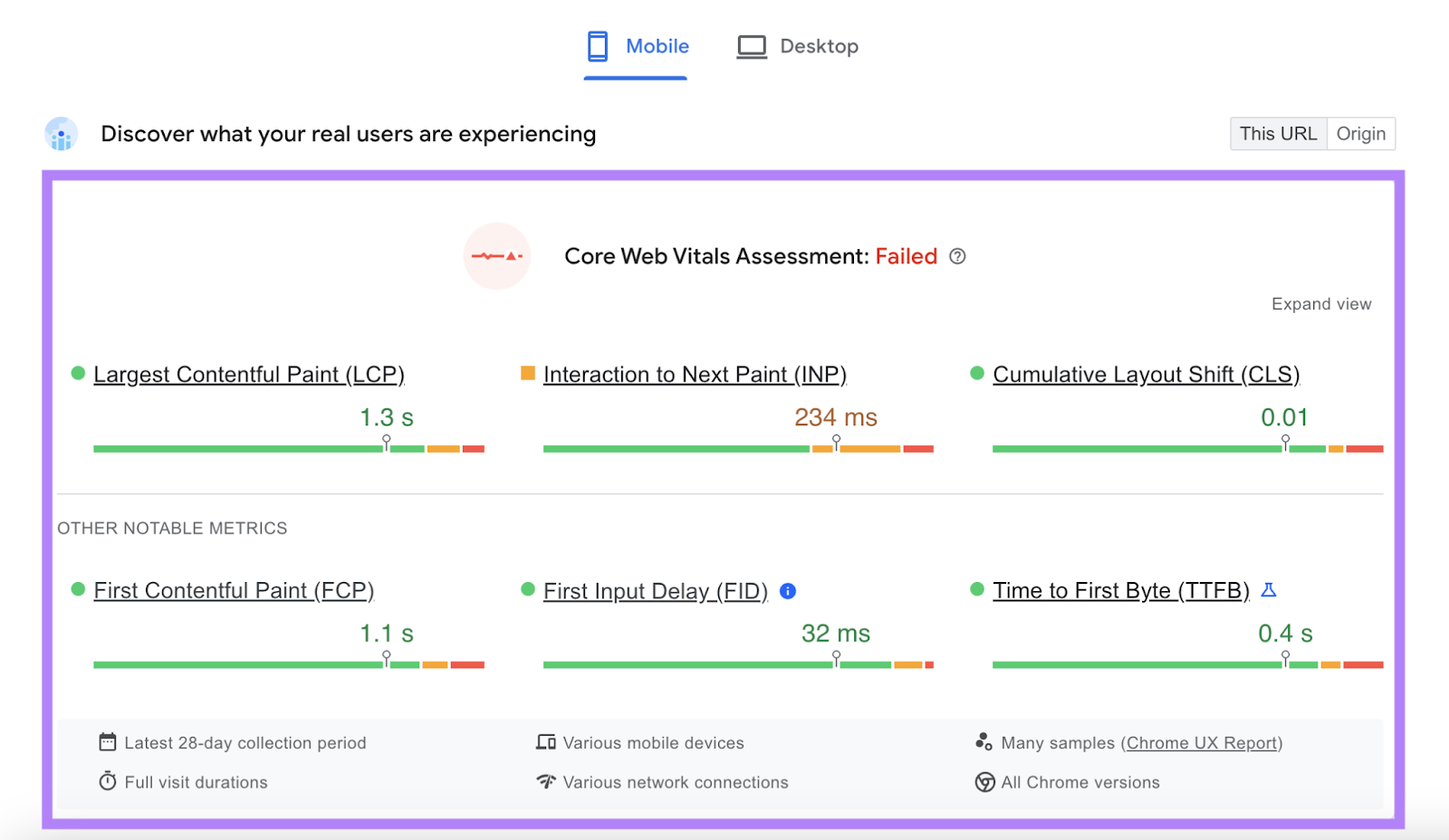 core web vitals assessment includes LCP, INP, CLS, and other notable metrics