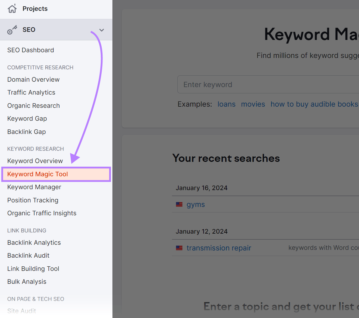 Navigating to "Keyword Magic Tool" in Semrush sidebar