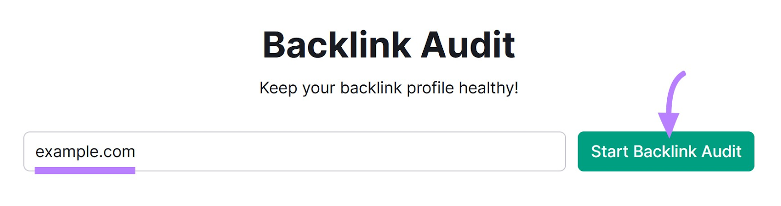 Backlink Audit tool with "example.com" in a search bar and "start backlink audit" button highlighted