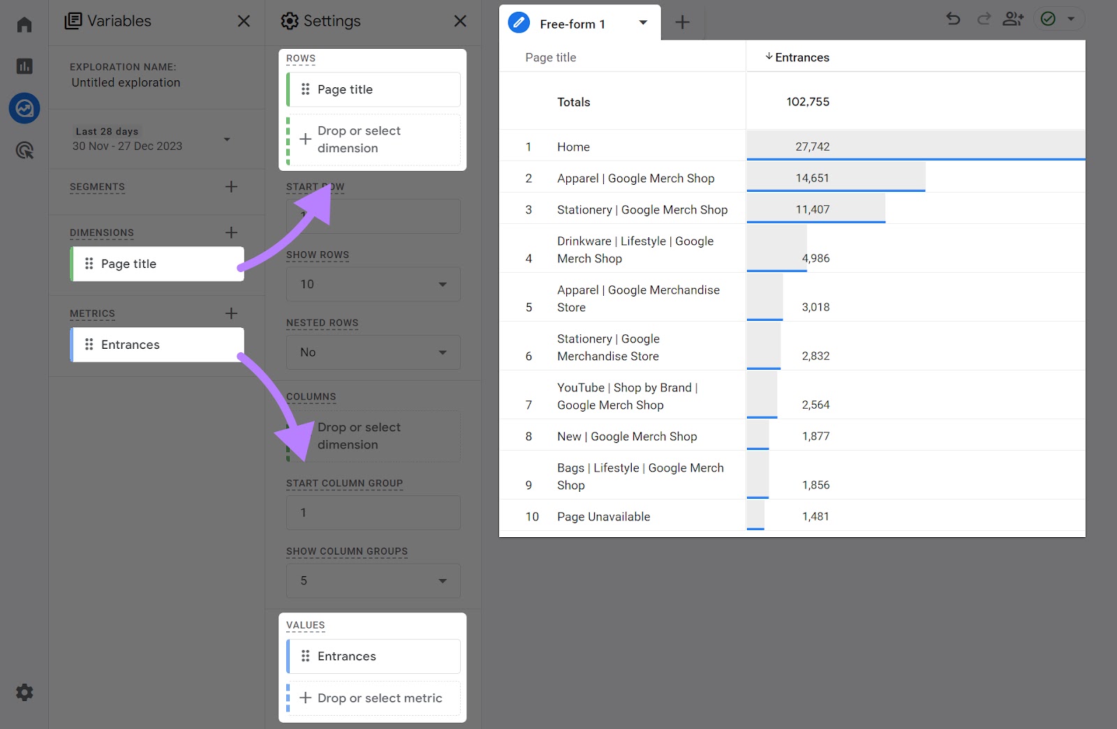 Adding “Page title” into the “ROWS” area and “Entrances” metric to the “VALUES” area