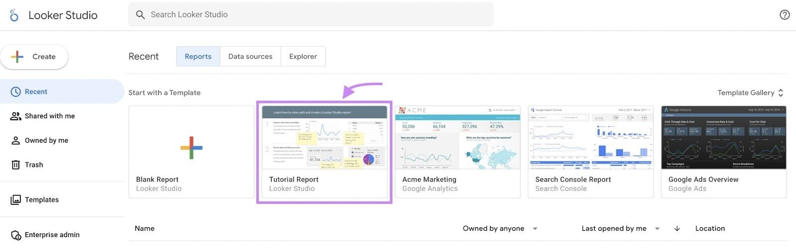 Looker Studio Tutorial Report highlighted in purple