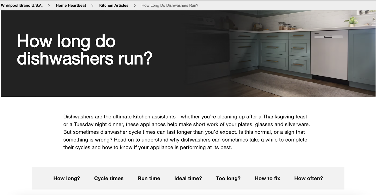 Whirlpool blog titled how long do dishwashers run and table of contents