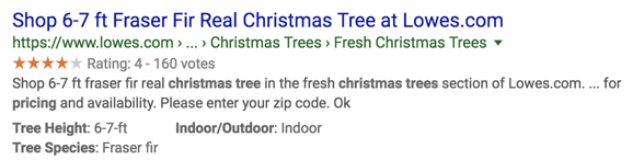 A screenshot of rich results for Christmas trees at Lowes which includes an aggregate rating value and clean breadcrumbs