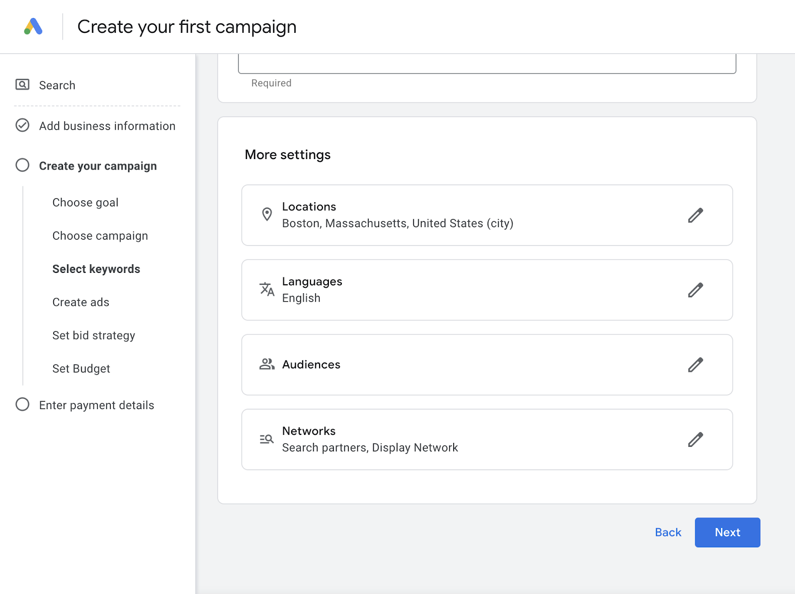 settings for ad campaign in Google Ads