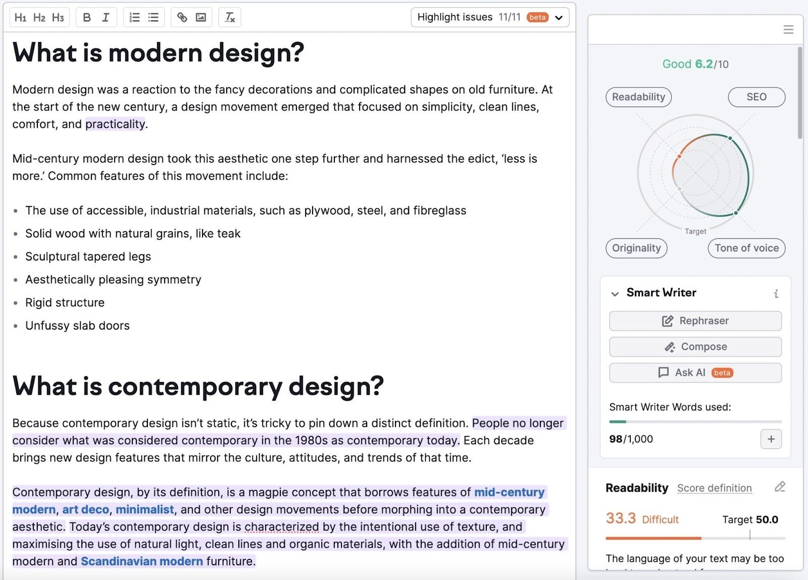 an example of article on "What is modern design" in Editor and its score chart in Semrush’s SEO Writing Assistant tool