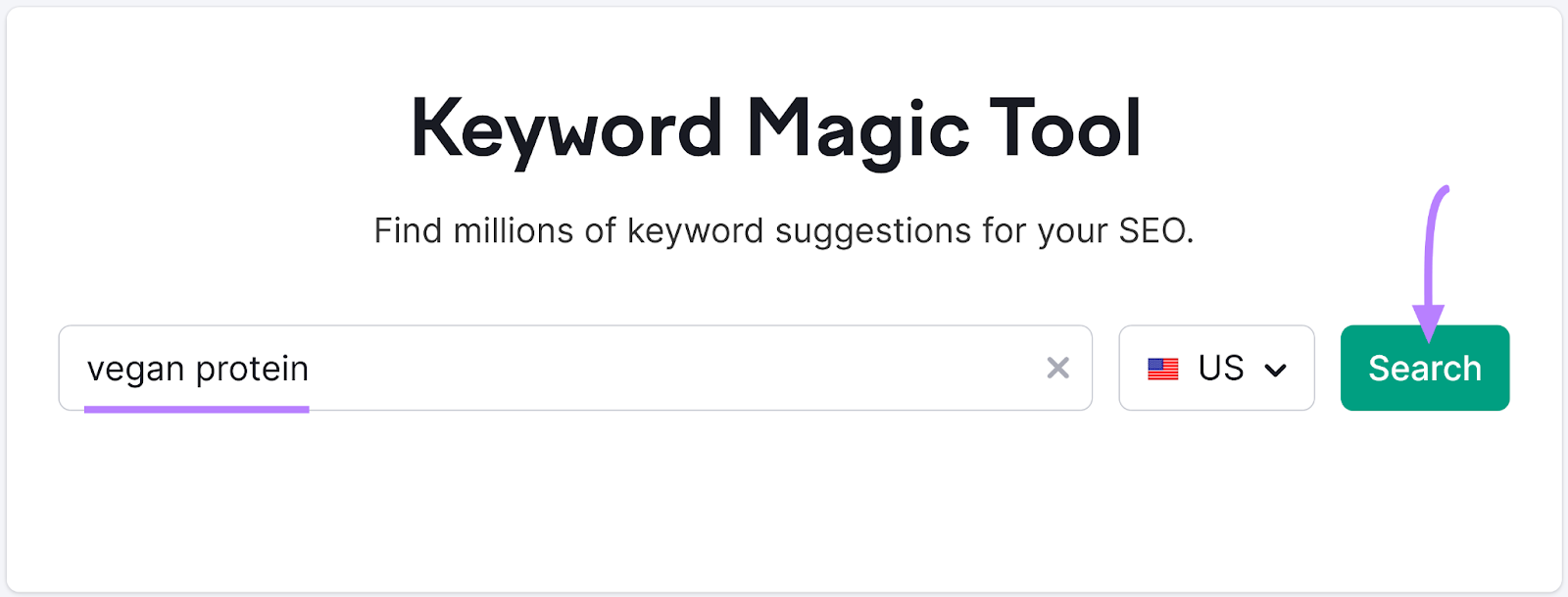 "vegan protein" entered into the Keyword Magic Tool search bar