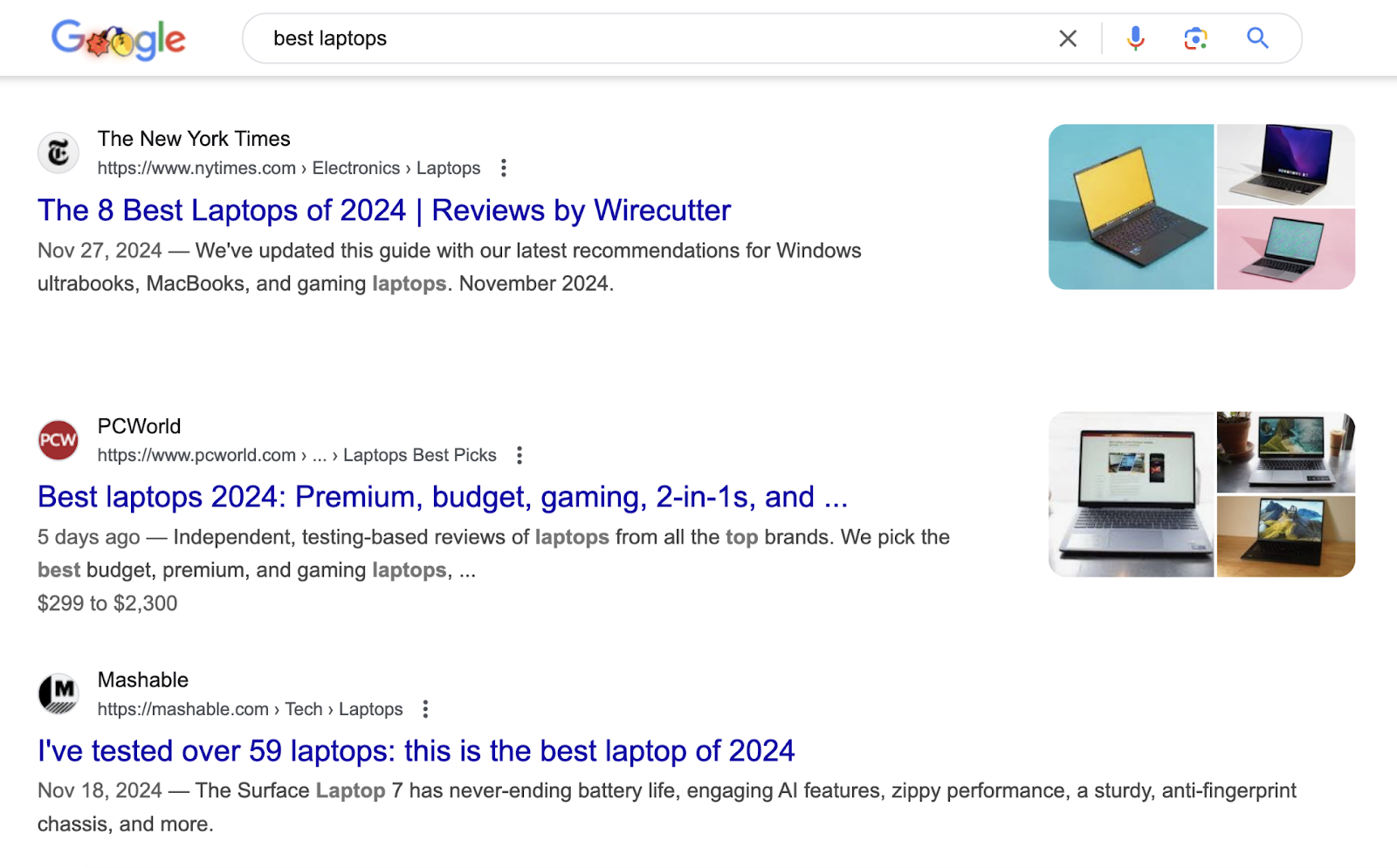 Organic results show listing like the 8 best laptops of 2024, best laptops 2024, and I've tested over 59 laptops.