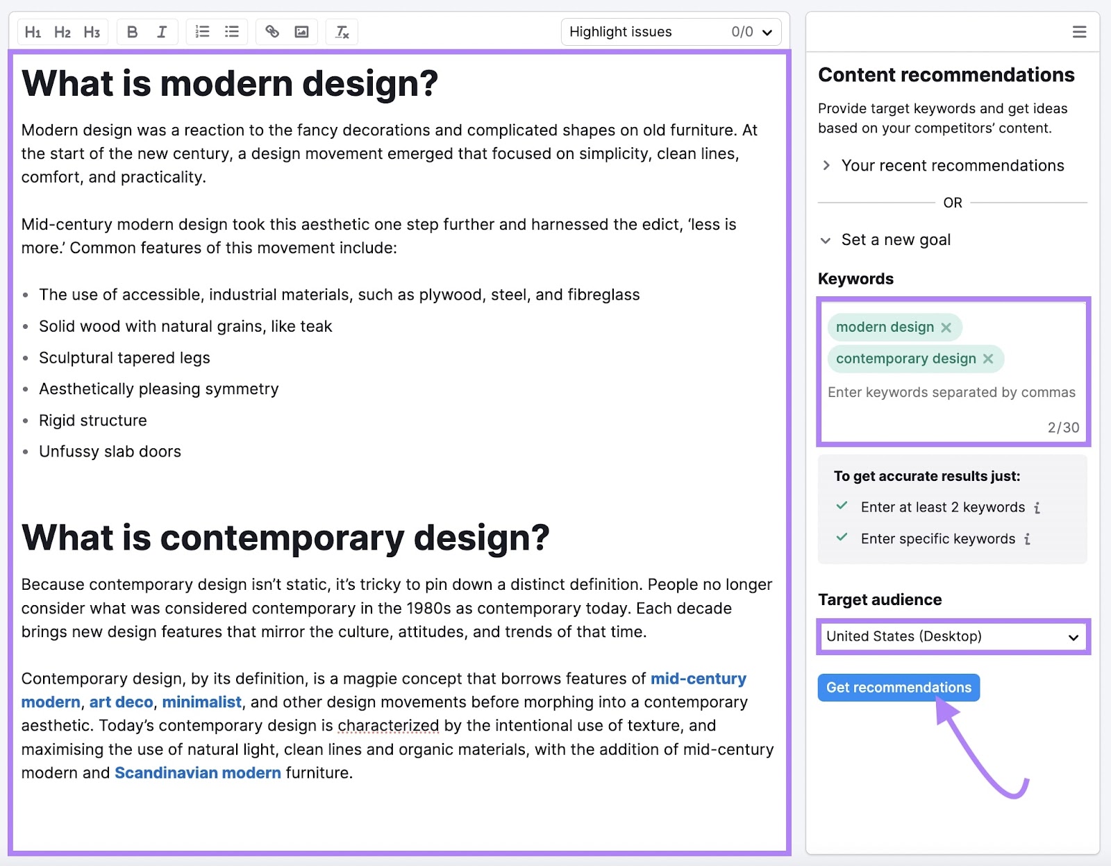 Modern design article pasted into the Semrush SEO Writing Assistant tool alongside keywords