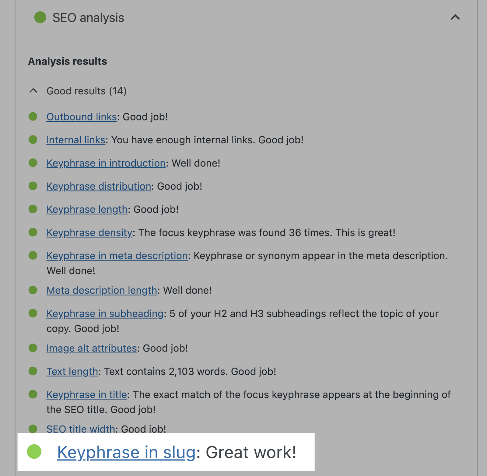 seo analysis shows "keyphrase in slug: Great work!"