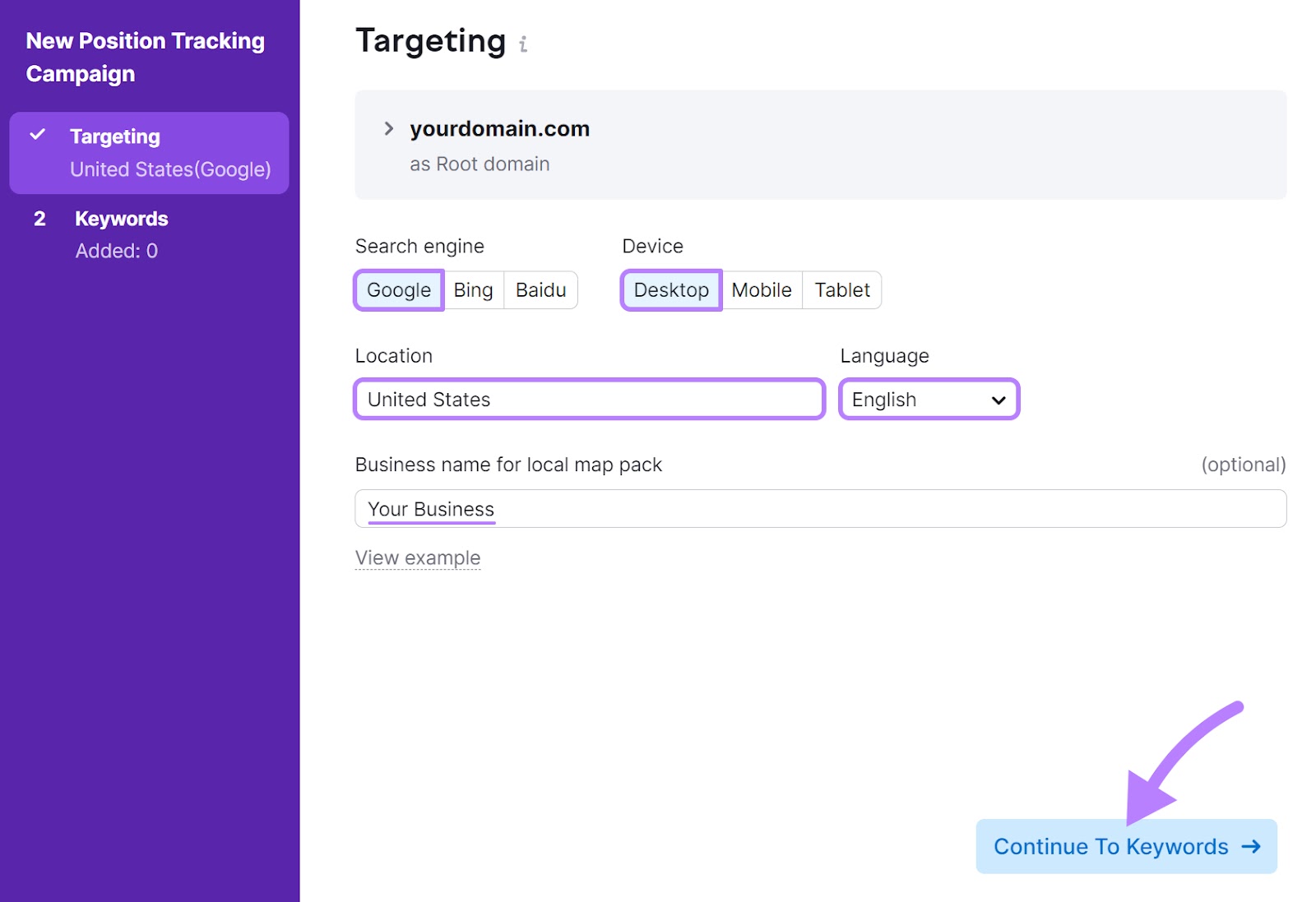 "Google" selected under search engine, "Desktop" under device, and "United States" under location in Position Tracking tool configuration settings