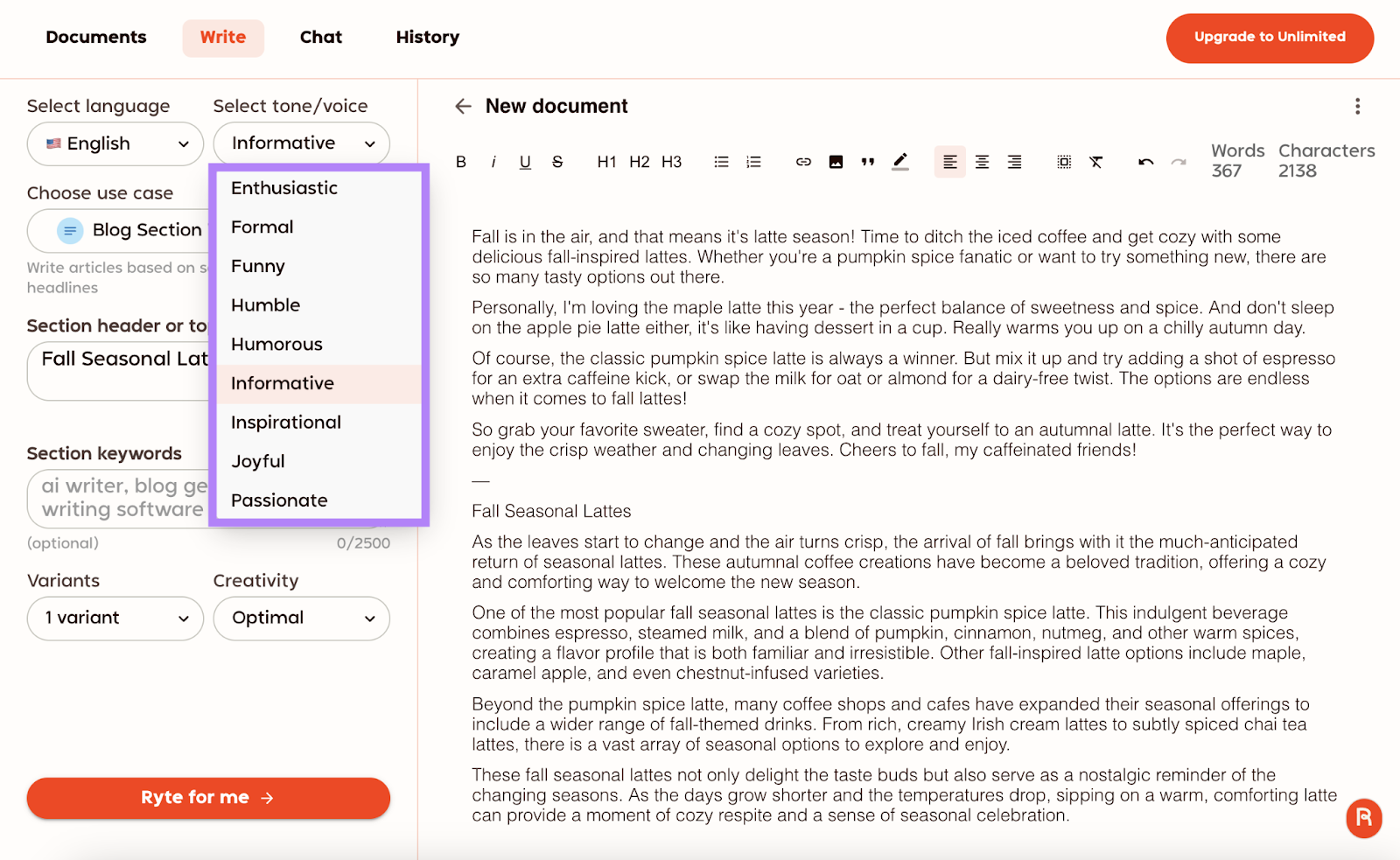 ai copy for a blog section drafted with tone of voice menu highlighted