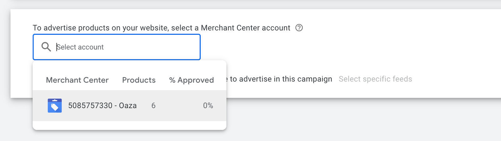 Google Merchant Center account selected