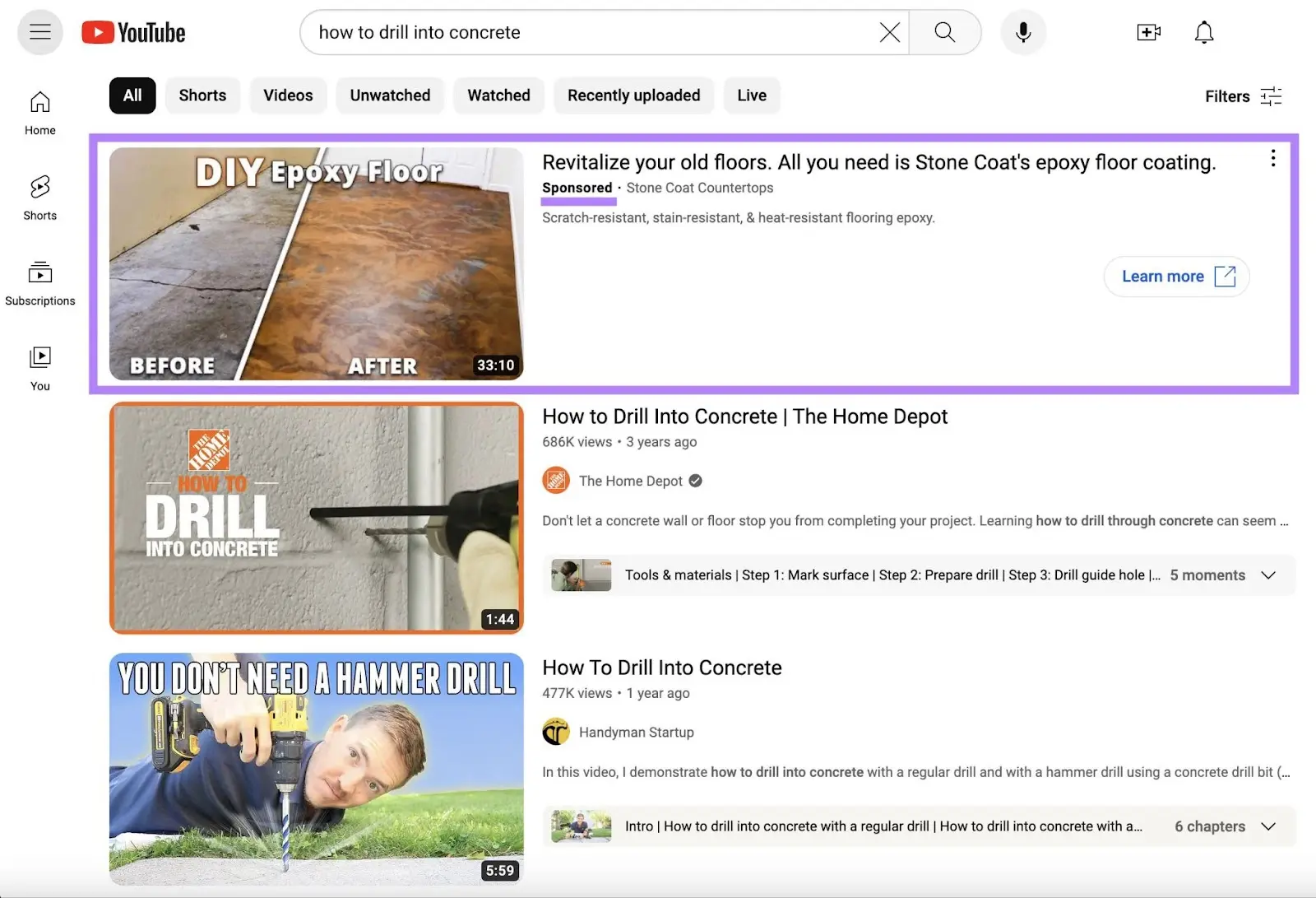 YouTube search for 'how to drill into concrete' showing sponsored videos