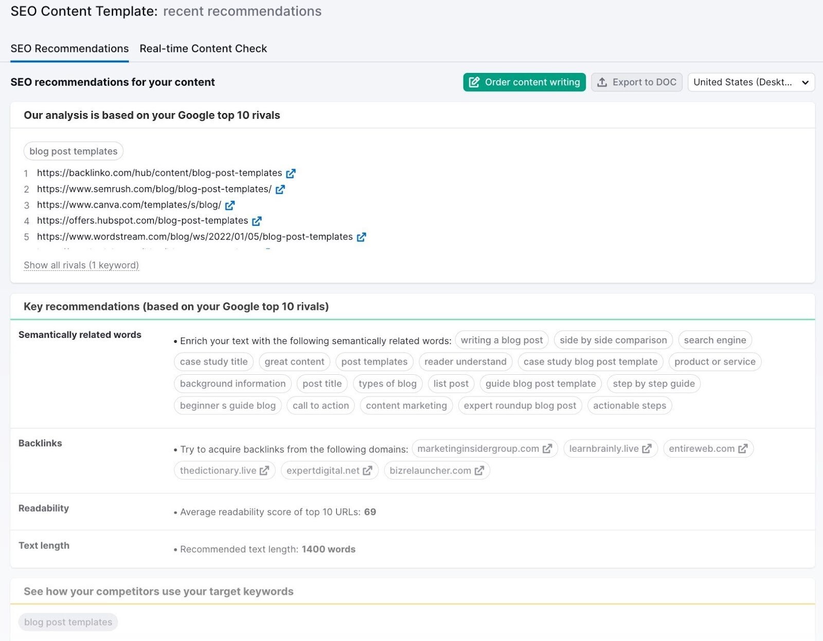 "SEO recommendations" report in SEO Content Template tool