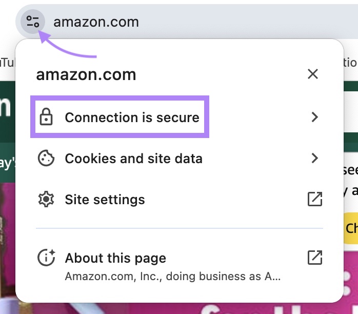 The "View site information" icon on the browser search bar next to a URL clicked with "Connection is secure" highlighted from the drop-down.