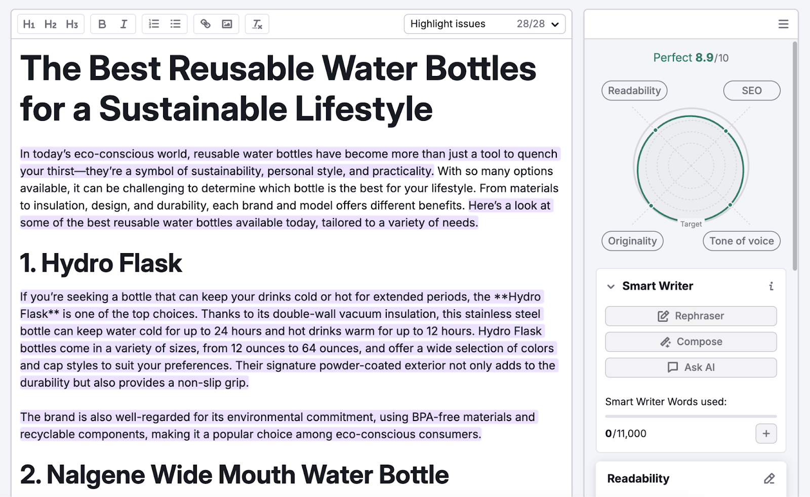 A blog post about the best reusable water bottles is scored based on readability, SEO, originality, and tone of voice.