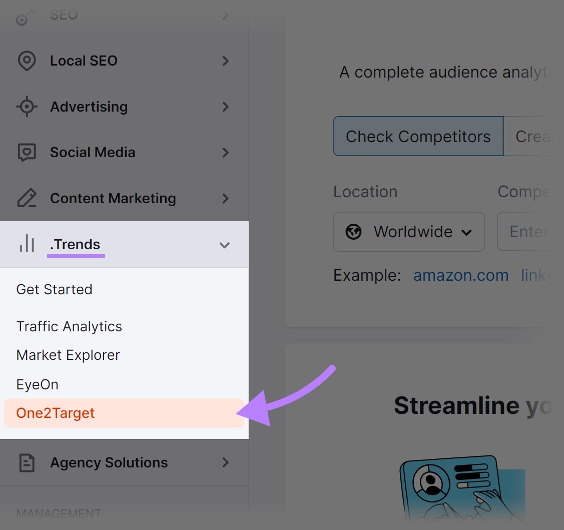 “One2Target" selected from the Semrush menu