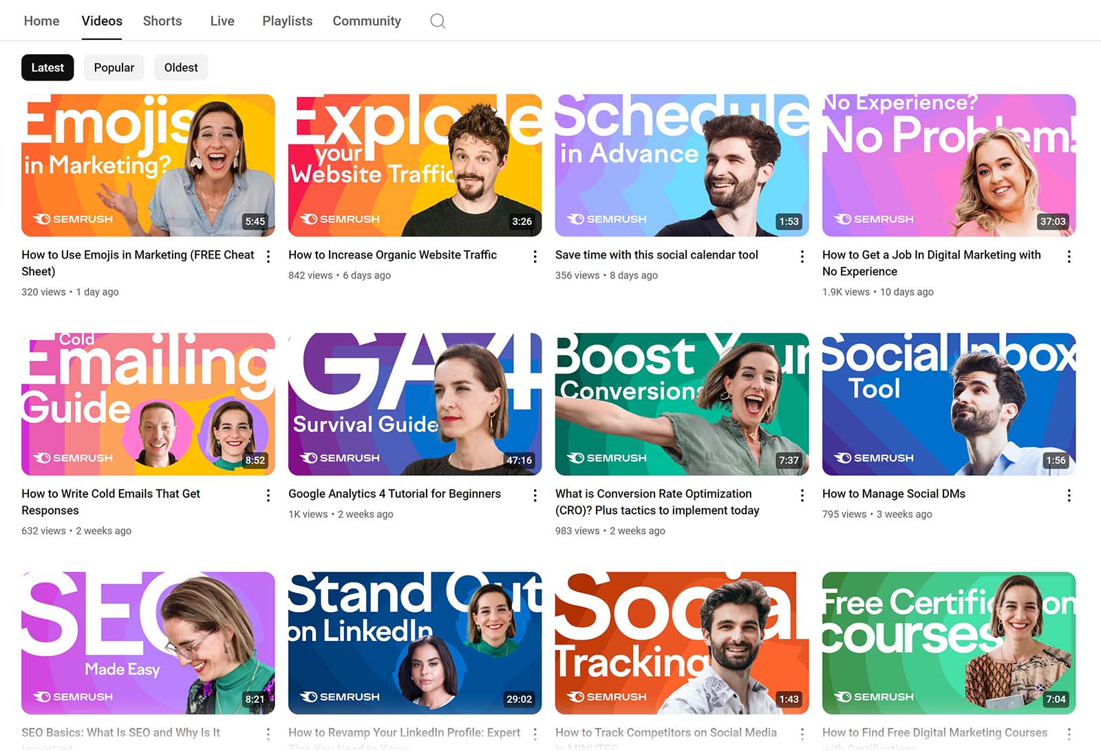 Semrush YouTube channel videos tab opened showing video thumbnails