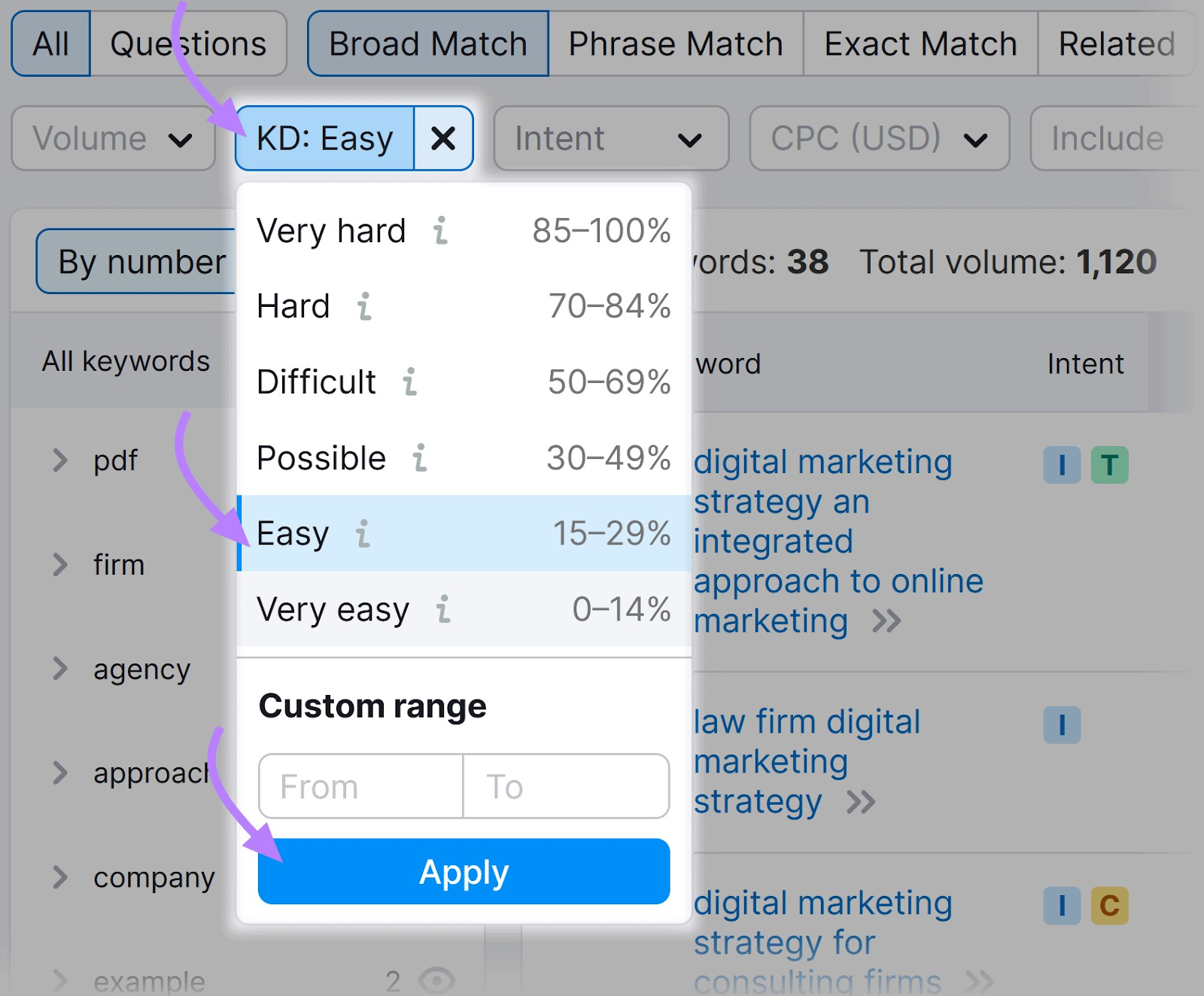 “KD” filter drop-down menu